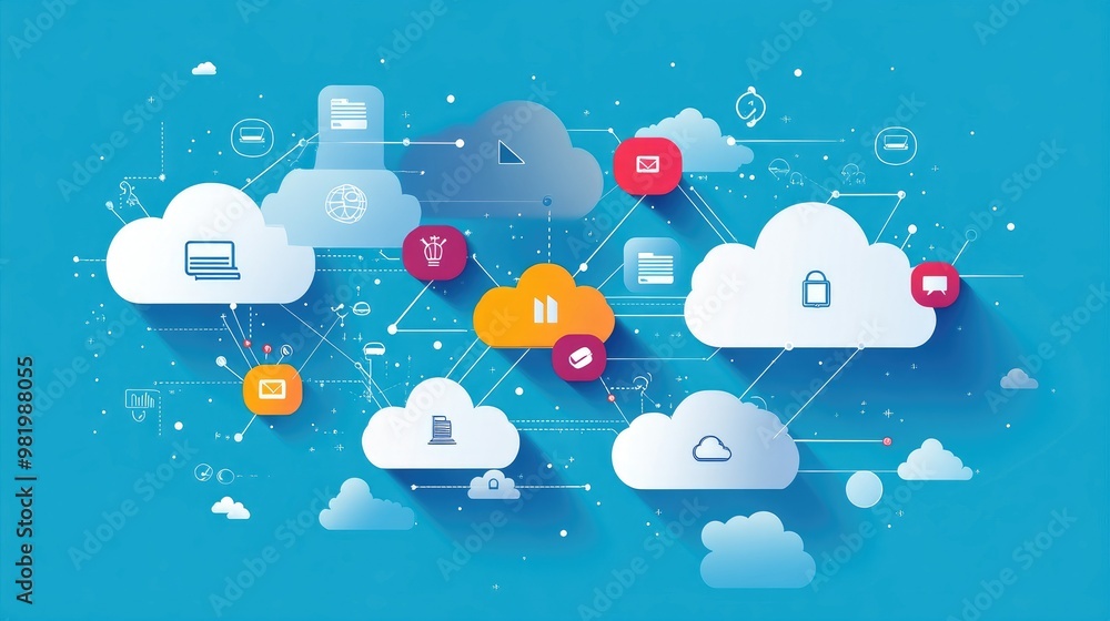 Poster multiple cloud vector symbols interconnected, illustrating data flow between different cloud service