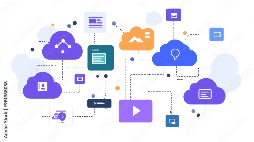 Poster multiple cloud vector symbols interconnected, illustrating data flow between different cloud service