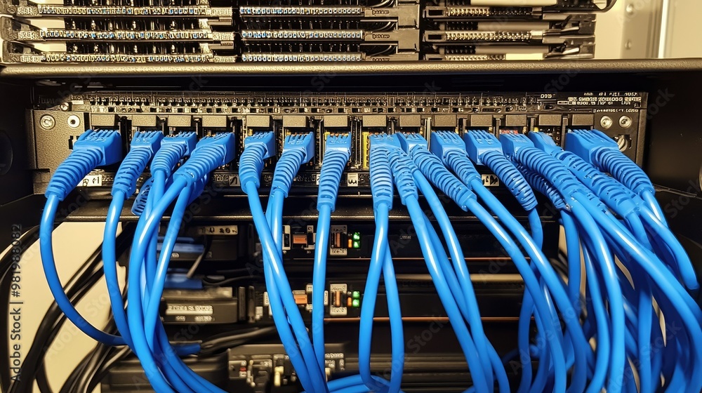 Poster multiple ethernet cables plugged into a high-performance network switch, illustrating an organized i