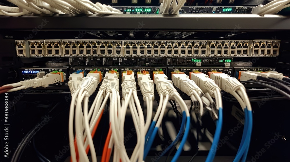 Poster multiple ethernet cables plugged into a high-performance network switch, illustrating an organized i