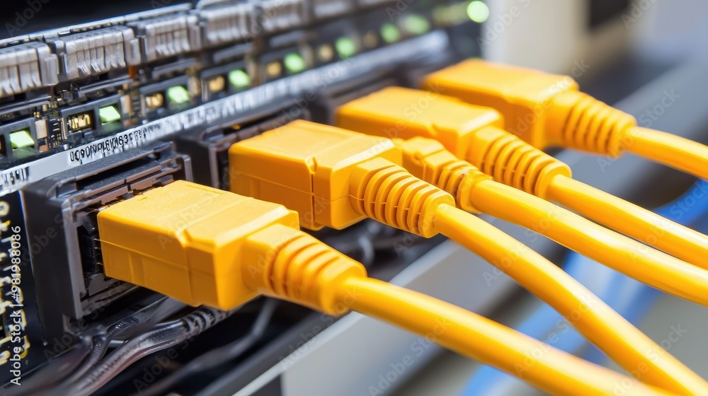 Poster multiple ethernet cables plugged into a high-performance network switch, illustrating an organized i