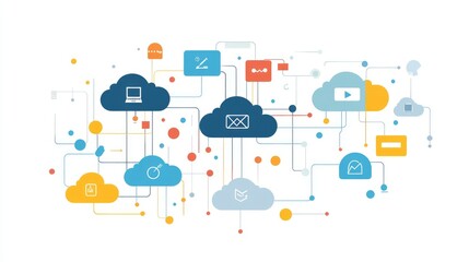 Fototapeta premium Multiple cloud vector symbols interconnected, illustrating data flow between different cloud services in a multi-cloud ecosystem