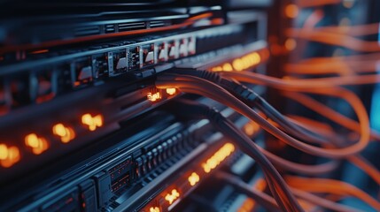 Naklejka premium Network cables connected to multiple ports on a rack-mounted switch, highlighting technology infrastructure.