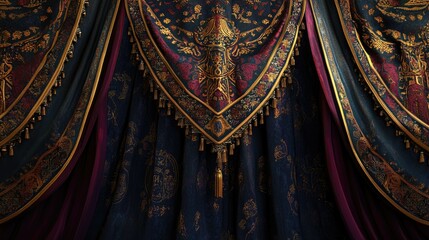 Ornate Egyptian tent fabric with rich colors and detailed embroidery, showcasing an elegant space for Ramadan greetings or text.