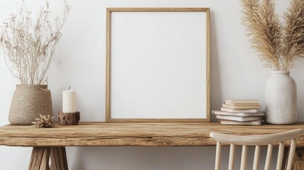 Minimalist Home Office Decor with Wooden Desk and Empty Frame