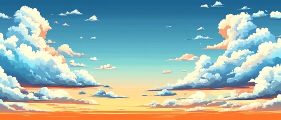 Vibrant sunset with colorful clouds illuminating the sky over a serene horizon in a dreamy landscape at dusk