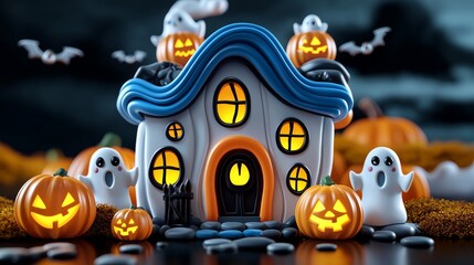 Spooky Halloween House with Ghosts and Pumpkins