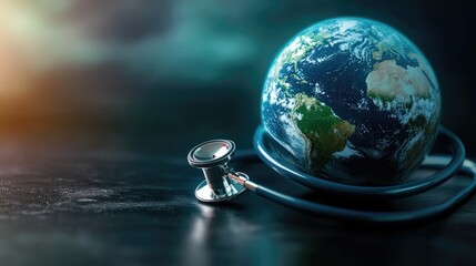 Our planet in 3D, with a doctor's stethoscope listening to its heartbeat, showcasing global health issues for World Health Day