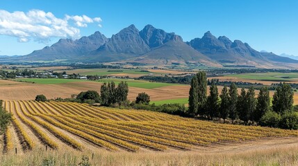 Naklejka premium South African Vineyard with Majestic Mountains on a Sunny Day, Picturesque Landscape.