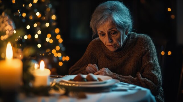 Sad senior woman having dinner alone at home on Christmas Eve night