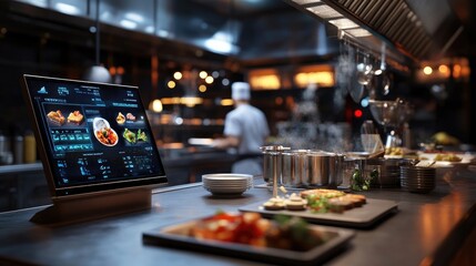 Fototapeta premium Detailed View of Restaurant Kitchen with Digital Screen for Cooking and Busy Atmosphere
