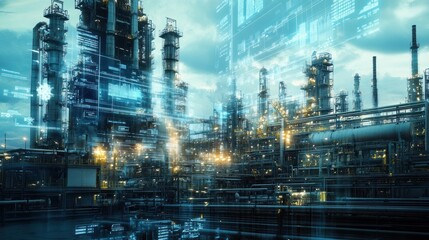 A large industrial complex with factories and warehouses, overlaid with digital graphs showing production output, energy consumption, and efficiency metrics displayed in real-time on a control screen.