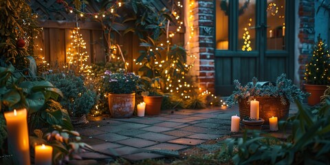 Fototapeta premium Enchanted evening garden with twinkling lights and candles.