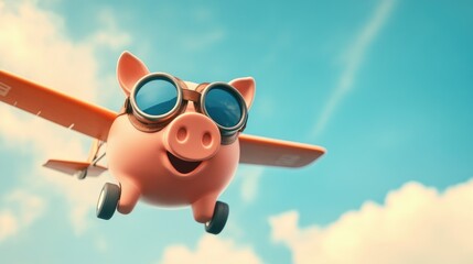 Piggy bank with aviator goggles piloting a plane, soaring through a bright blue sky, representing smart investments and financial adventure.