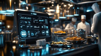 Detailed View of Restaurant Kitchen with Digital Screen for Cooking and Busy Atmosphere