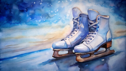 Artistic watercolor painting of blue ice skates on a snowy background