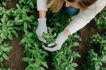 Naklejka premium Closed-up of mother and daughter seedling plant in the garden, Children and parents plant small tree, Caucasian mother and daughter planting trees in the forest.