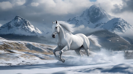 White horse galloping through snowy mountains.