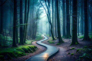 Obraz premium Moss-covered trees along winding path in foggy forest