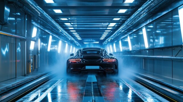 A luxury car being washed in a fully automated tunnel with soft brushes and LED lighting, providing an immersive and high-end car cleaning experience.