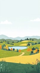 Obraz premium Serene countryside landscape featuring rolling hills, a tranquil lake, and colorful autumn trees during the daytime