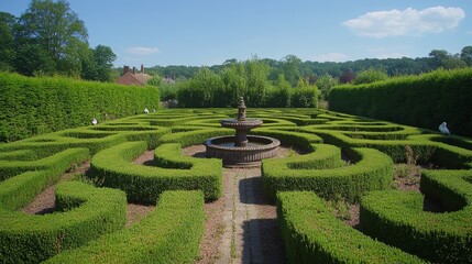 Labyrinthine garden maze with tall green hedges, intricate paths converging on an ornate stone fountain, birds perched on edge, clear blue sky