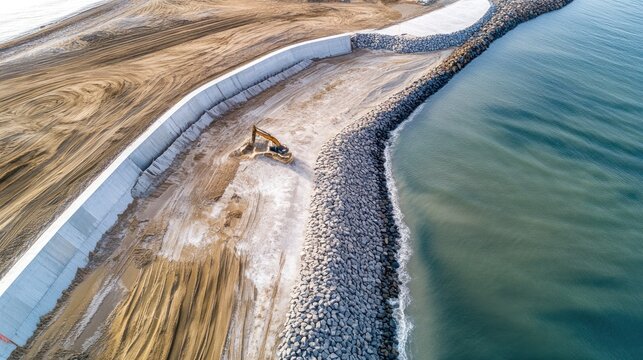 A massive coastal reinforcement project where artificial dunes and concrete barriers are being built to protect the shore from powerful storm surges and potential flooding.