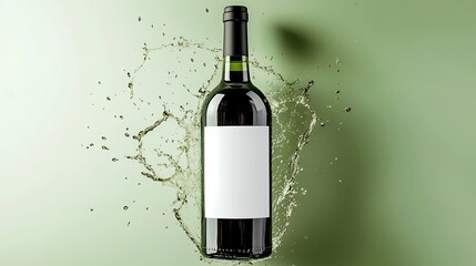 A bottle of red wine with a blank label surrounded by a splash of wine.