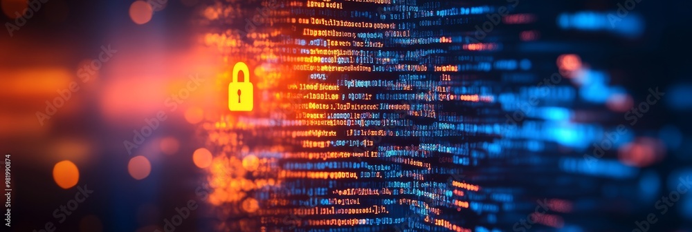 Poster secure code, blurred computer screen with locked padlock depicting software security, cybersecurity