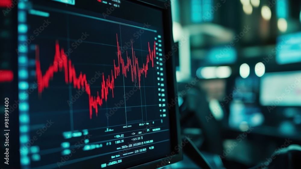 Poster a computer monitor displays a graph with red lines