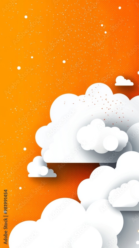 Poster bright orange background with fluffy white clouds creating a whimsical atmosphere filled with a sens