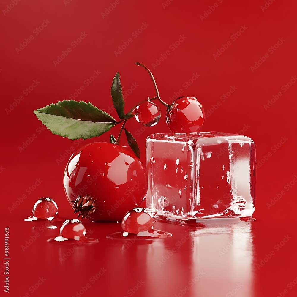Poster a single ice cube and three red berries with water droplets on a red surface.