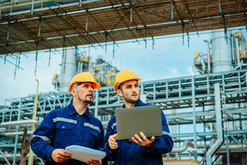 Teamwork Industry in oil refinery equipment Check and check the condition of the machinery system , Engineering concept.