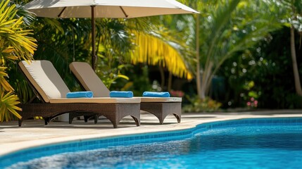Fototapeta premium Relaxing poolside scene with loungers and greenery.