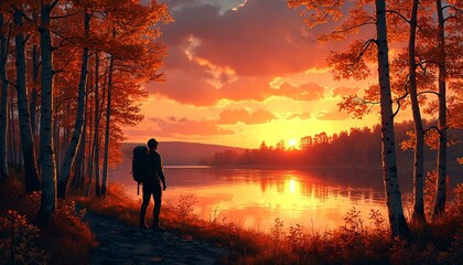 Fototapeta premium Young Man Contemplating Sunset Forest