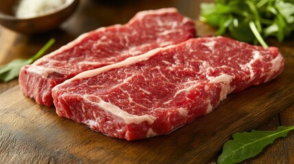 Fresh cuts of marbled beef on a wooden board.
