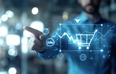 Fototapeta premium A businessman is touching a digital icon of a growth graph and shopping cart