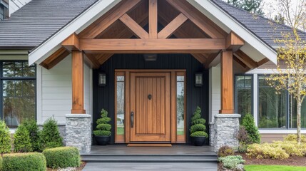 A large wooden front door with a stone trim and a stone porch