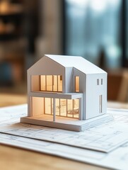 A white model of a house is on a table