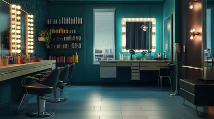 A salon with a blue wall and black chairs