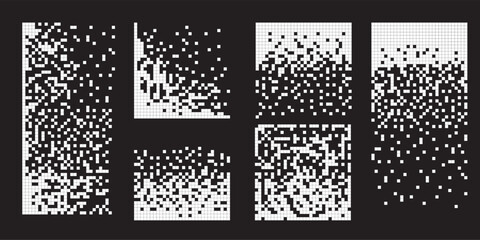 Pixel disintegration background. Decay effect. Dispersed dotted pattern. Concept of disintegration, pixel mosaic textures with simple square particles.