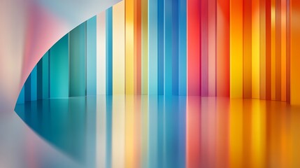 Abstract colorful striped background with a curved wall and reflective floor.