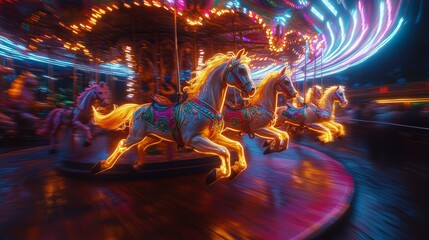 Carousel with glowing, enchanted horses, their manes flowing as they gallop in slow motion, set against a background of fireworks