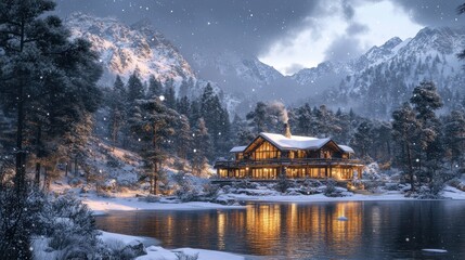 Fototapeta premium Cozy cabin in a snowy landscape by a serene lake.