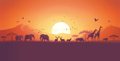  Animal Silhouettes in Orange Sunset African Landscape © kengmerry
