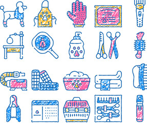 groomer pet service doodle icons set vector. sketch line art cage for transportation animal and table for examination, groomer glove and hair clipper color illustrations