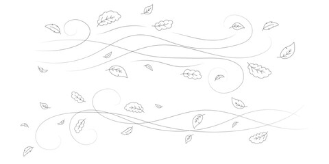 Fototapeta premium Doodle autumn leaves flying in the wind. Falling season outline backdrop, air flow leaves wave linear pattern or wind blowing doodle vector print. Autumn windy weather hand drawn monochrome background
