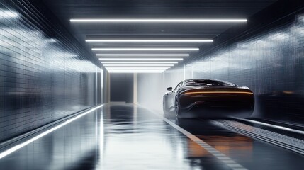 A sleek, automated car wash system where vehicles are guided through a series of rotating brushes and high-pressure water jets, ensuring a spotless finish.