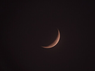 The crescent moon or young moon is pink among the dark sky