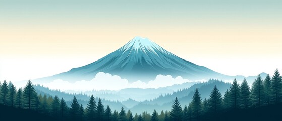 Fototapeta premium Majestic mountain landscape with snow-capped peak, surrounded by lush green forests and soft morning mist at dawn